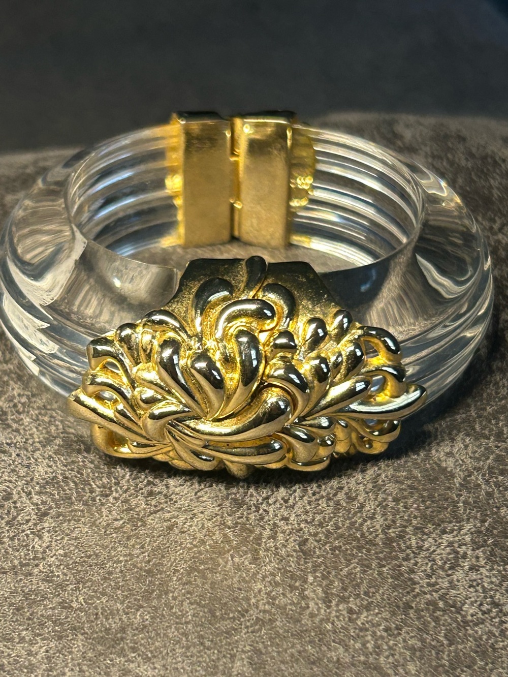 Stunning Gold Floral Accent Clear Resin Bangle Bracelet